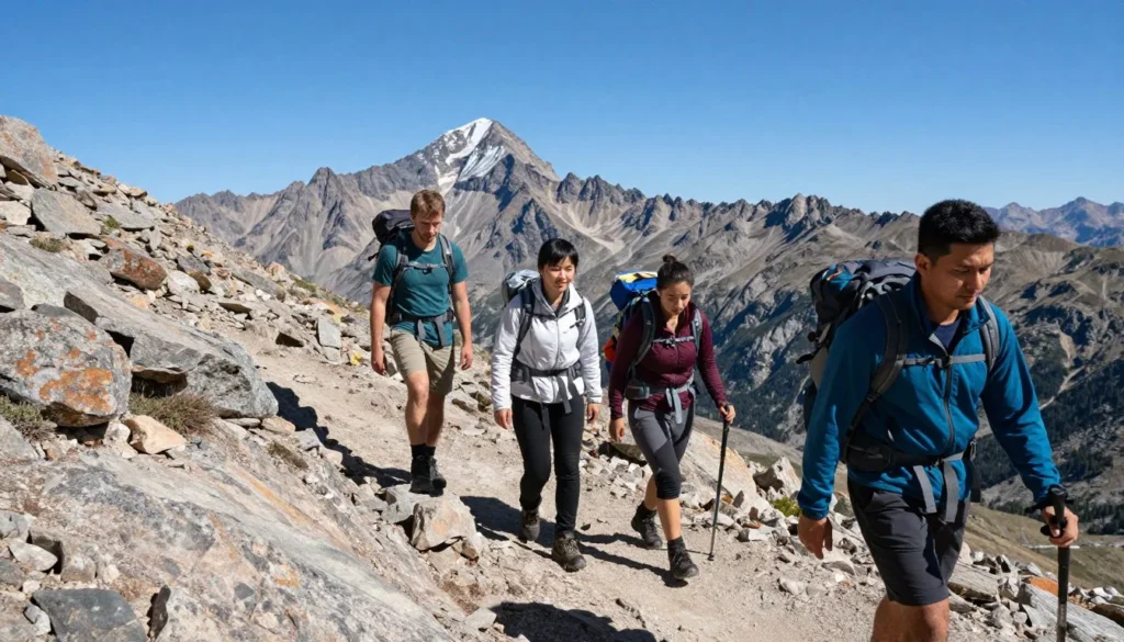 Hikers on Mount Lincoln trail with expansive Colorado mountain views