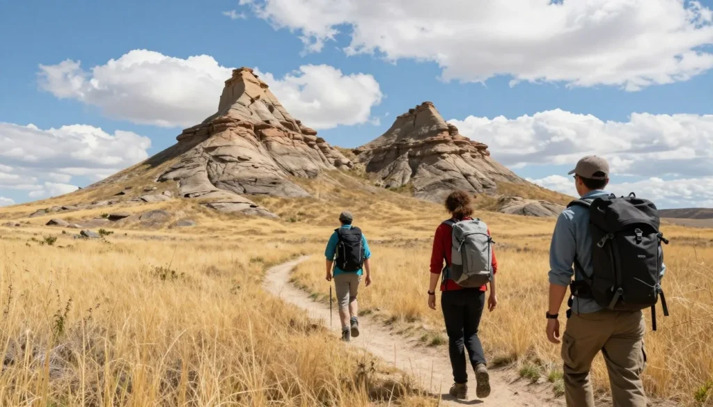 Hikers on Pawnee Buttes trail with rock formations