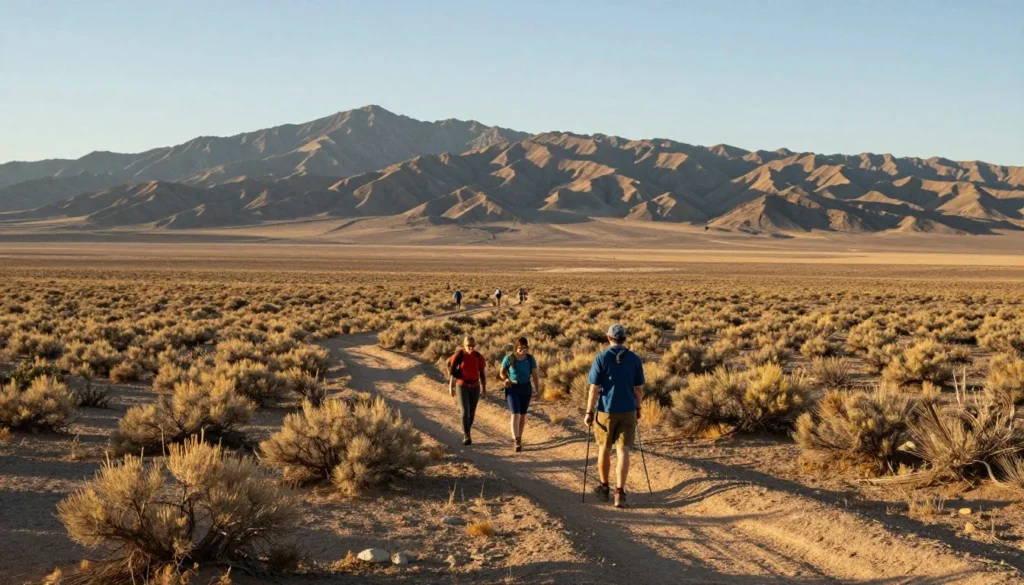 Hikers on Pony Express Trail with panoramic Great Basin desert vista