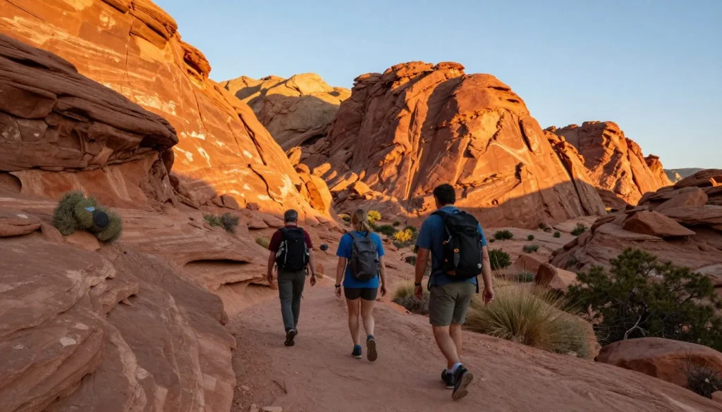 Hikers on Red Rock Canyon trail during golden hour with warm lighting on rock formations Hikers on Red Rock Canyon trail during golden hour with warm lighting on rock formations