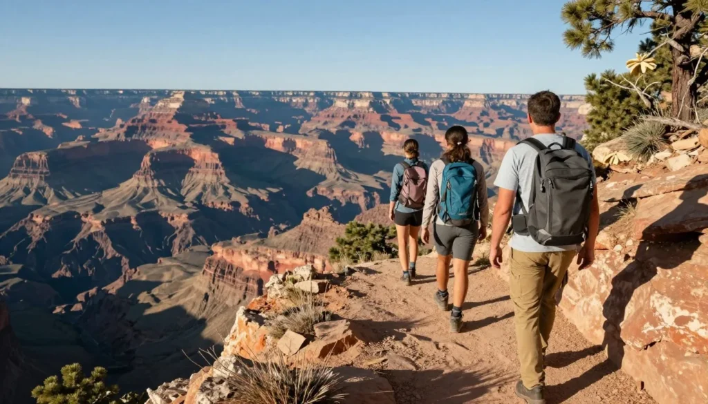 Hikers on Royal Gorge rim trail with panoramic canyon views