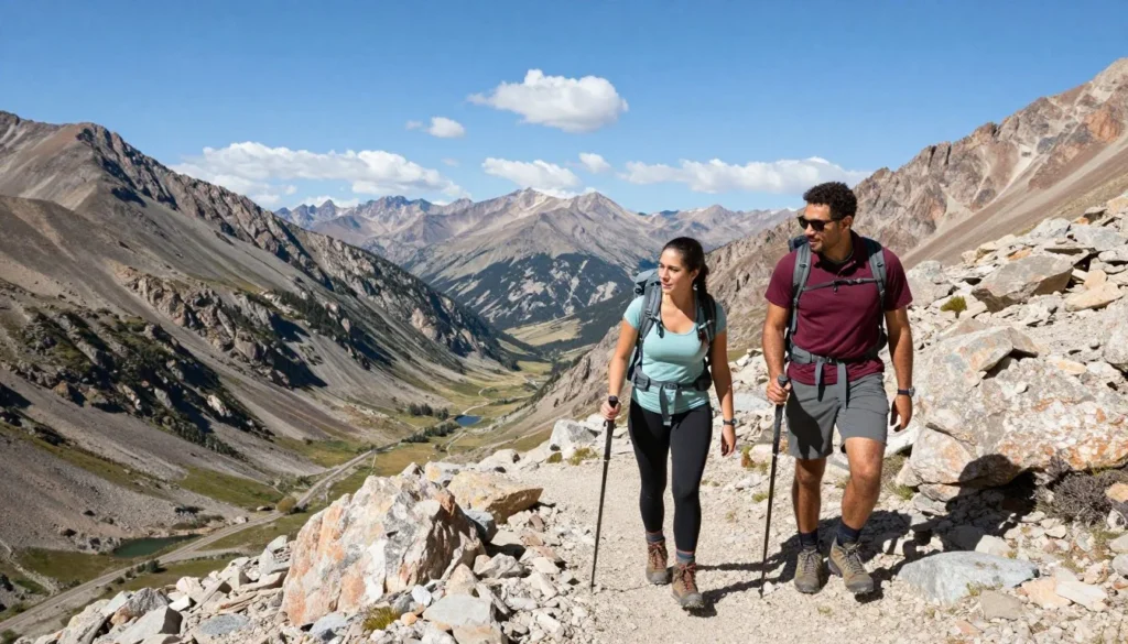 Hikers on a mountain trail in the Toiyabe Range with valley views below