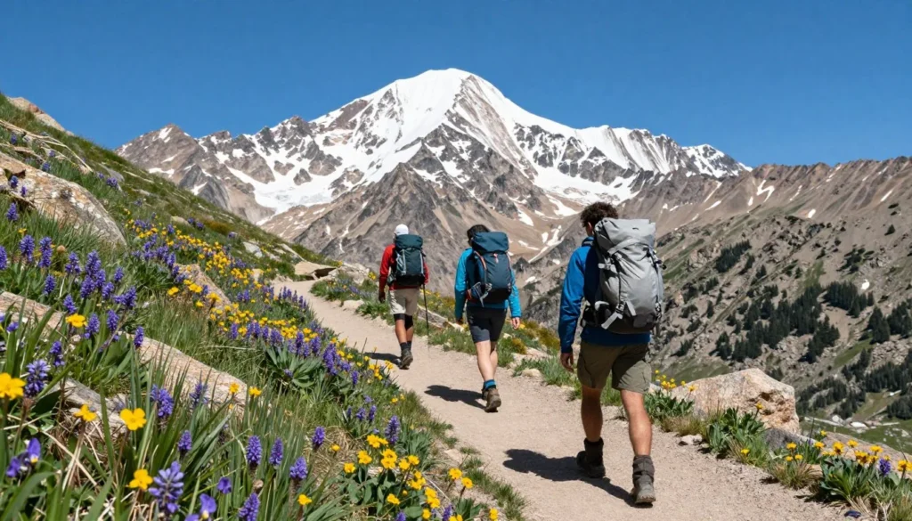 Hikers on alpine trail with mountain wildflowers Hikers on alpine trail with mountain wildflowers