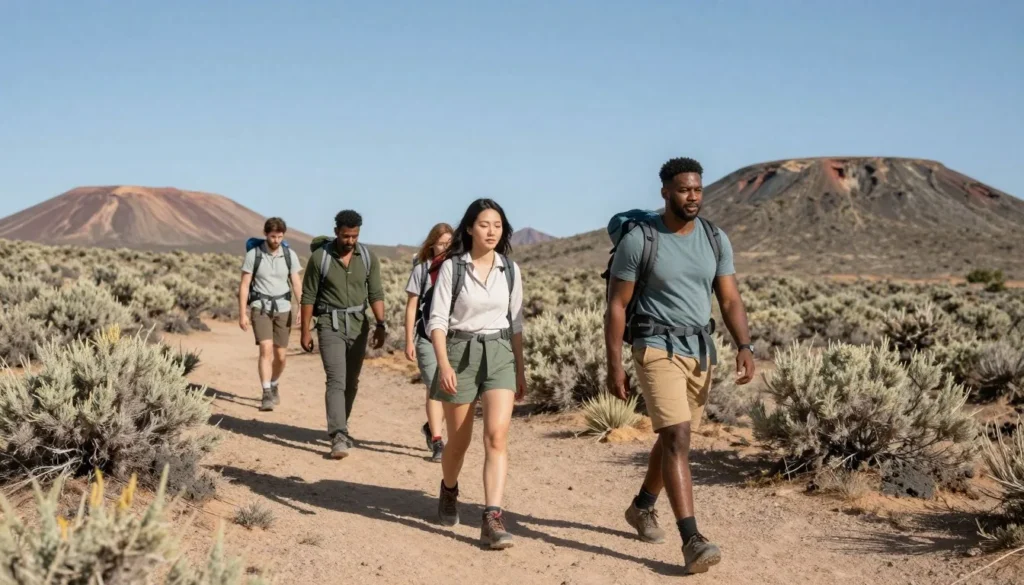 Hikers on desert trail in Round Mountain Recreation Area Nevada