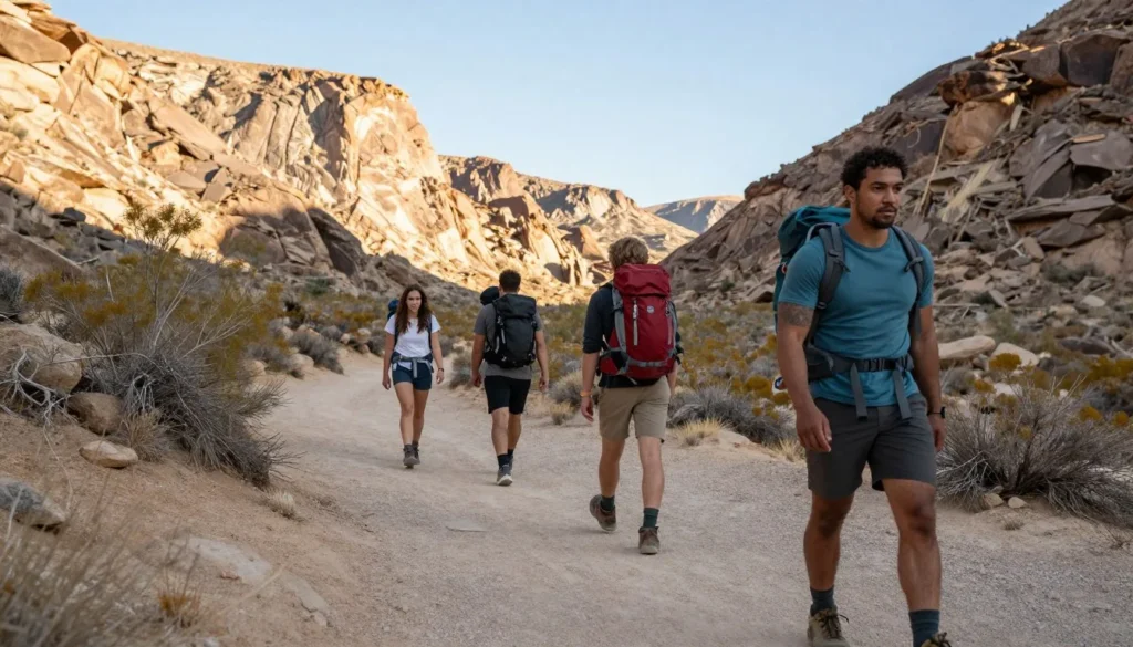 Hikers on desert trail with canyon views