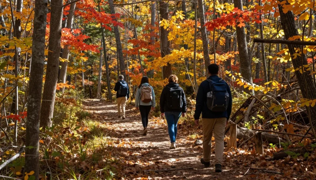 Hikers on forest trail near Boone Lake with fall foliage