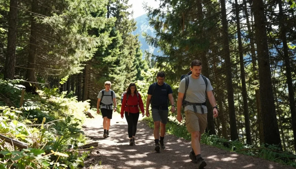 Hikers on forest trail near Pearl Lake Hikers on forest trail near Pearl Lake