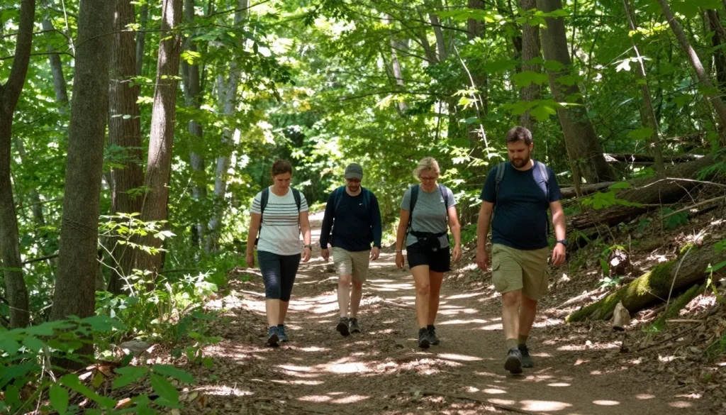 Hikers on forest trail surrounded by tall trees