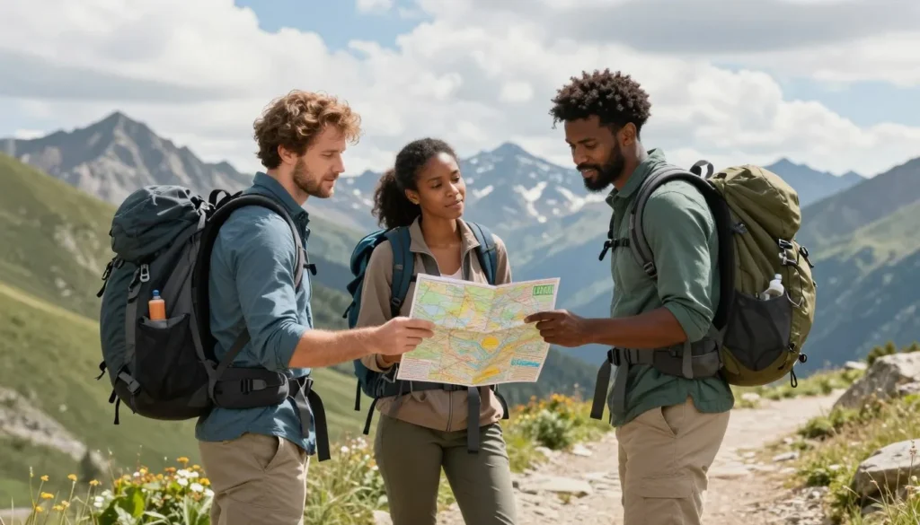 Hikers on mountain trail checking map and weather conditions Hikers on mountain trail checking map and weather conditions