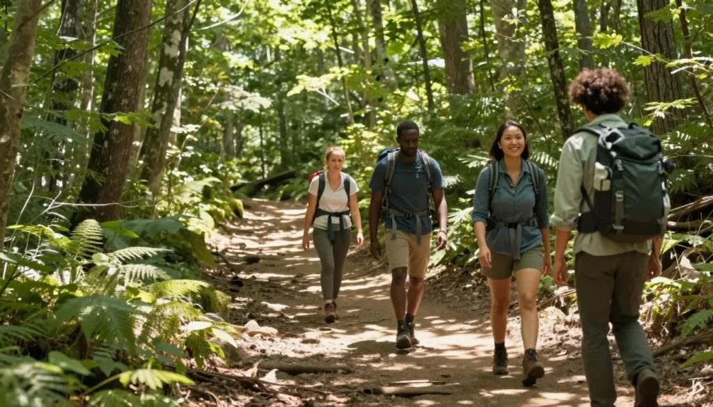Hikers on mountain trail in Great Smoky Mountains near Cedar Island