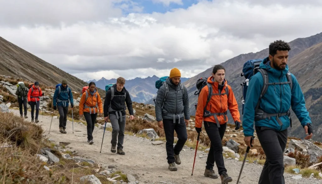 Hikers on mountain trail in varied weather with layered clothing and backpacks hiking through alpine terrain Hikers on mountain trail in varied weather with layered clothing and backpacks hiking through alpine terrain