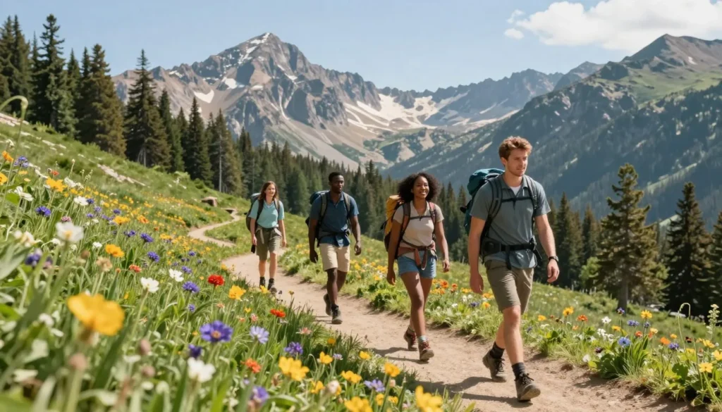 Hikers on mountain trail near La Veta Pass with wildflowers Hikers on mountain trail near La Veta Pass with wildflowers