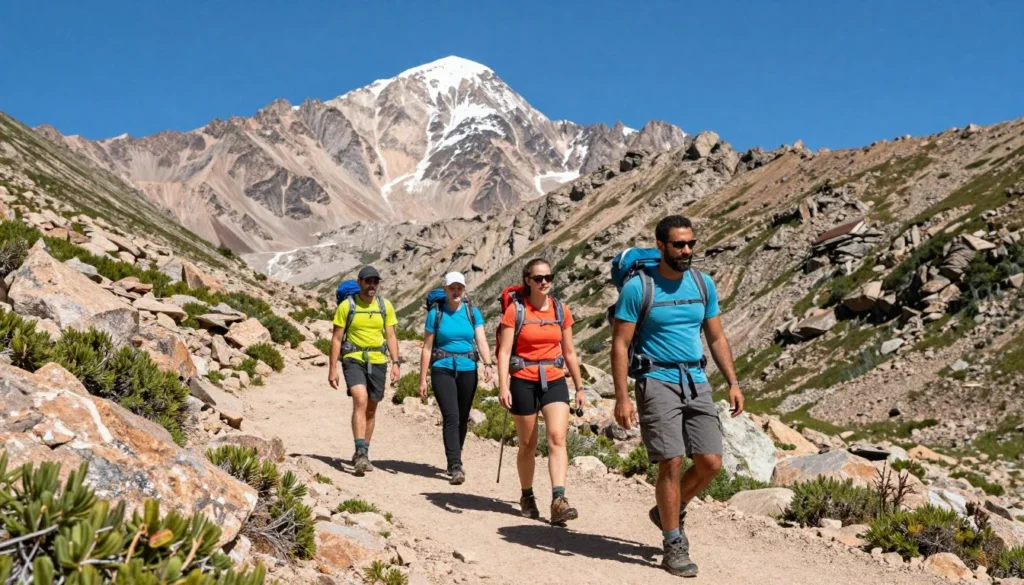 Hikers on mountain trail near Pikes Peak Hikers on mountain trail near Pikes Peak