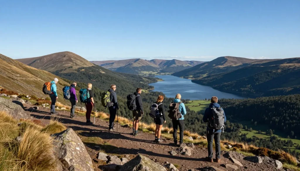 Hikers on mountain trail overlooking Causey Reservoir with expansive forest views