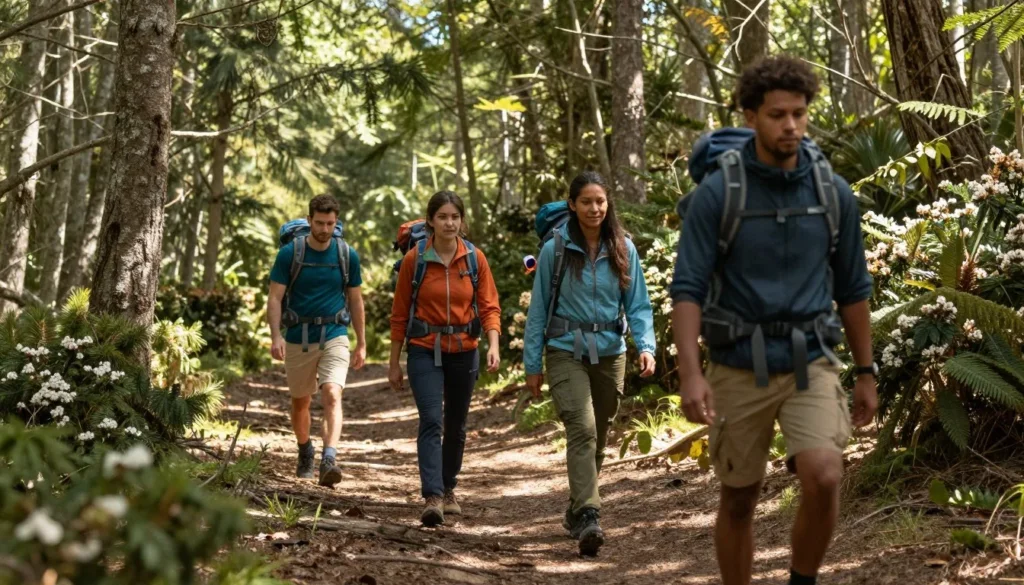 Hikers on mountain trail through Cherokee National Forest near Cherohala Skyway