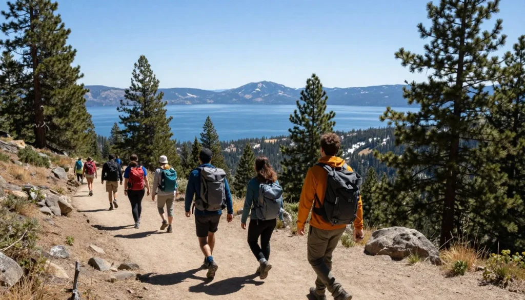 Hikers on mountain trail with Lake Tahoe vista in background Hikers on mountain trail with Lake Tahoe vista in background
