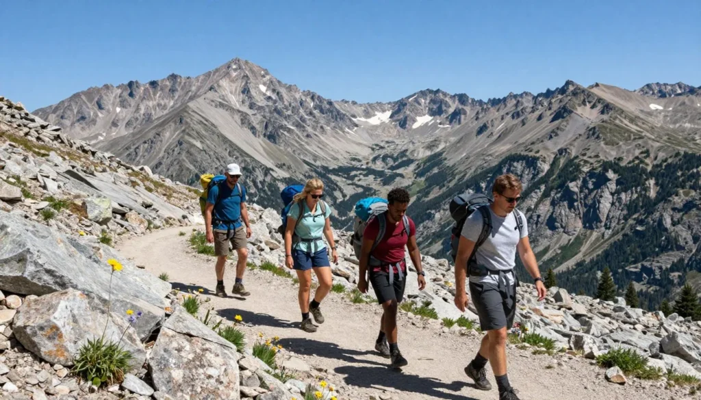 Hikers on mountain trail with panoramic Ruby Mountains views