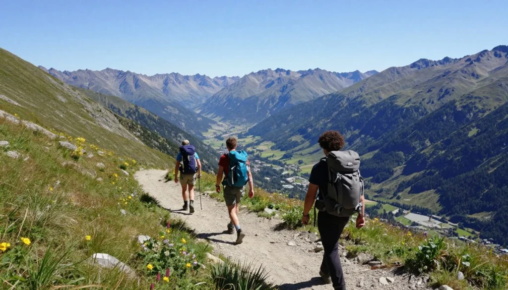 Hikers on mountain trail with panoramic views of Colorado peaks and valleys