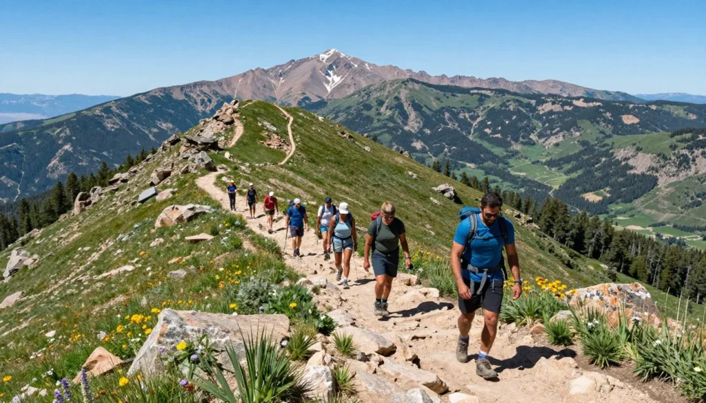 Hikers on mountain trail with panoramic views of surrounding peaks and valleys Hikers on mountain trail with panoramic views of surrounding peaks and valleys