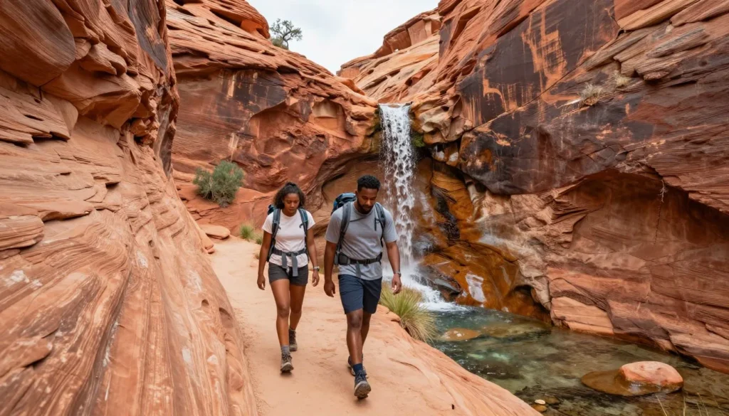 Hikers on red rock trail approaching waterfall in narrow canyon Hikers on red rock trail approaching waterfall in narrow canyon