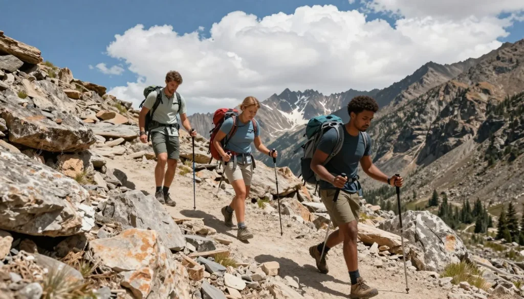 Hikers on rocky trail in Slaughterhouse Gulch with mountain views Hikers on rocky trail in Slaughterhouse Gulch with mountain views