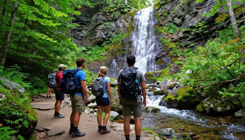 Hikers on scenic Great Smoky Mountains trail with waterfall