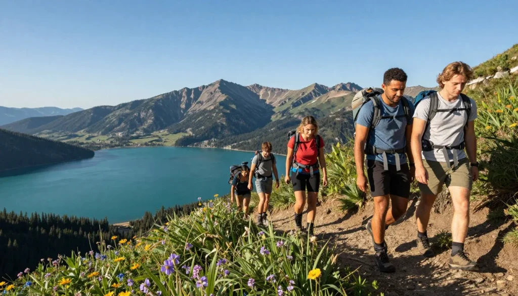 Hikers on scenic trail near Garden City Utah with Bear Lake mountain views