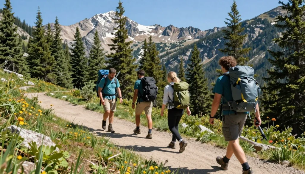 Hikers on scenic trail near Rifle Falls with mountain views Hikers on scenic trail near Rifle Falls with mountain views