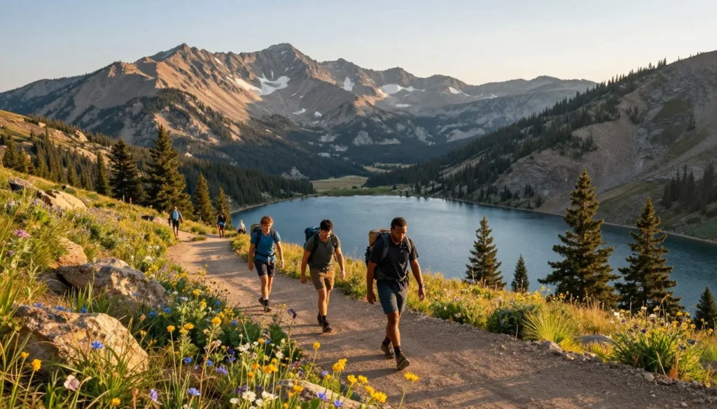 Hikers on scenic trail overlooking Jordanelle Reservoir