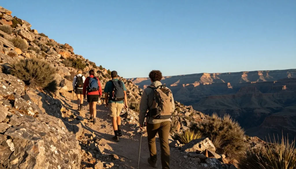 Hikers on scenic trail with mountain and canyon views near Royal Gorge area Hikers on scenic trail with mountain and canyon views near Royal Gorge area