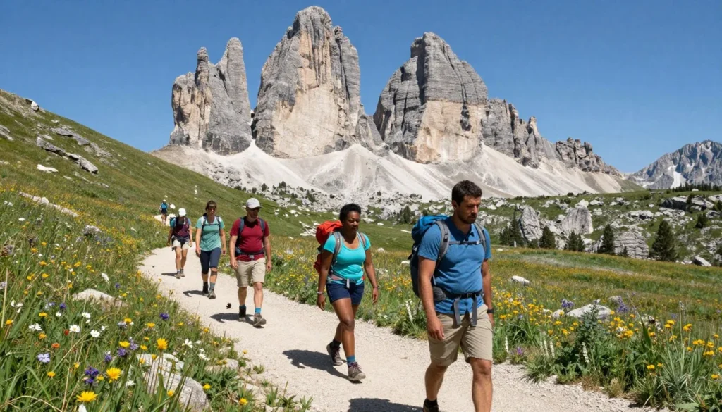 Hikers on trail approaching Rabbit Ears rock formations Hikers on trail approaching Rabbit Ears rock formations