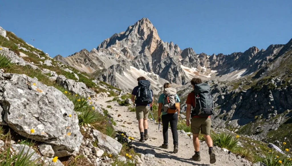 Hikers on trail approaching mountain peak in San Isabel National Forest Hikers on trail approaching mountain peak in San Isabel National Forest