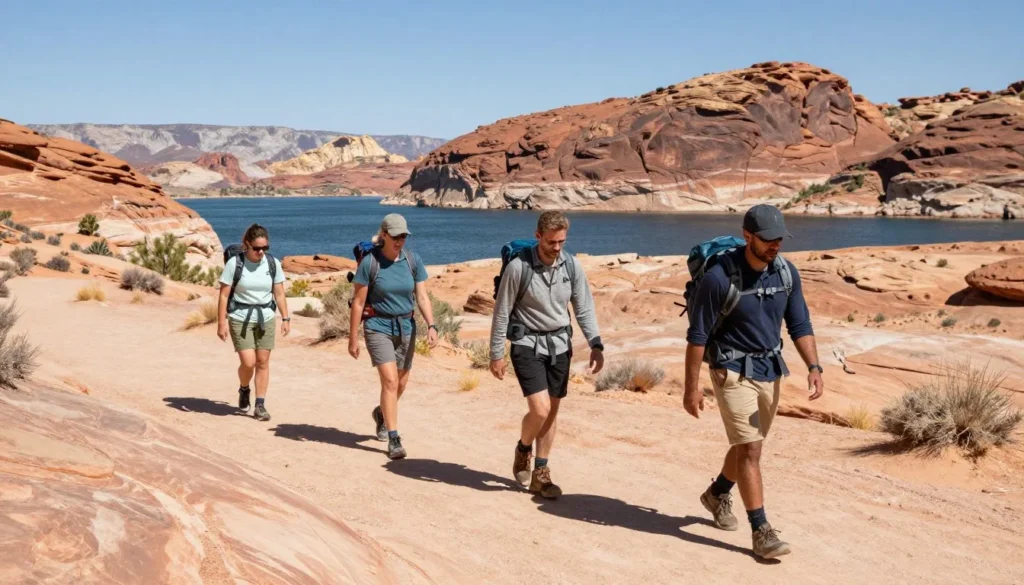 Hikers on trail at Lake Pueblo State Park with reservoir views Hikers on trail at Lake Pueblo State Park with reservoir views