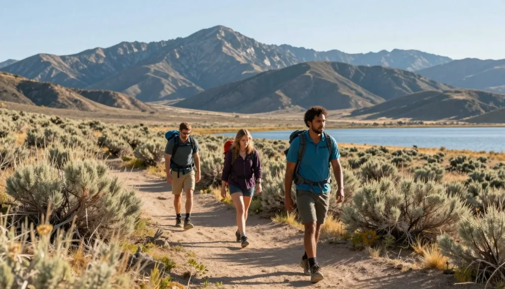 Hikers on trail near San Luis Lakes with mountain views