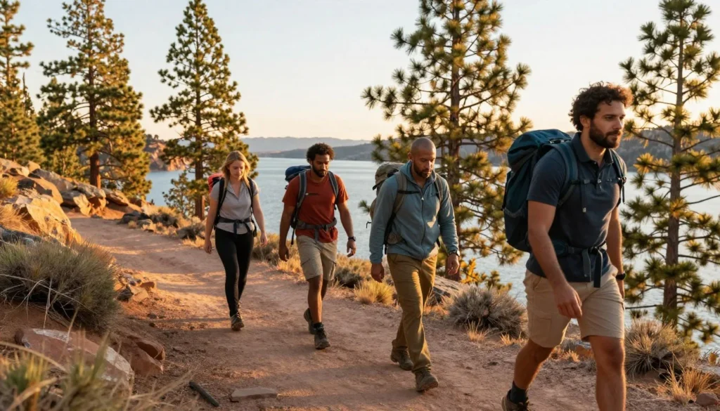 Hikers on trail overlooking Flaming Gorge Reservoir