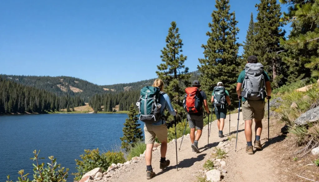 Hikers on trail overlooking Jordanelle Reservoir