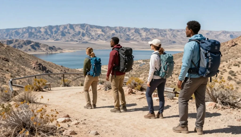 Hikers on trail overlooking Lake Mead with desert mountains in background