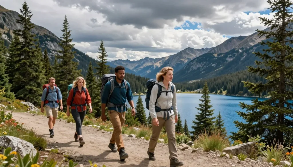 Hikers on trail overlooking Navajo Lake with mountain scenery Hikers on trail overlooking Navajo Lake with mountain scenery