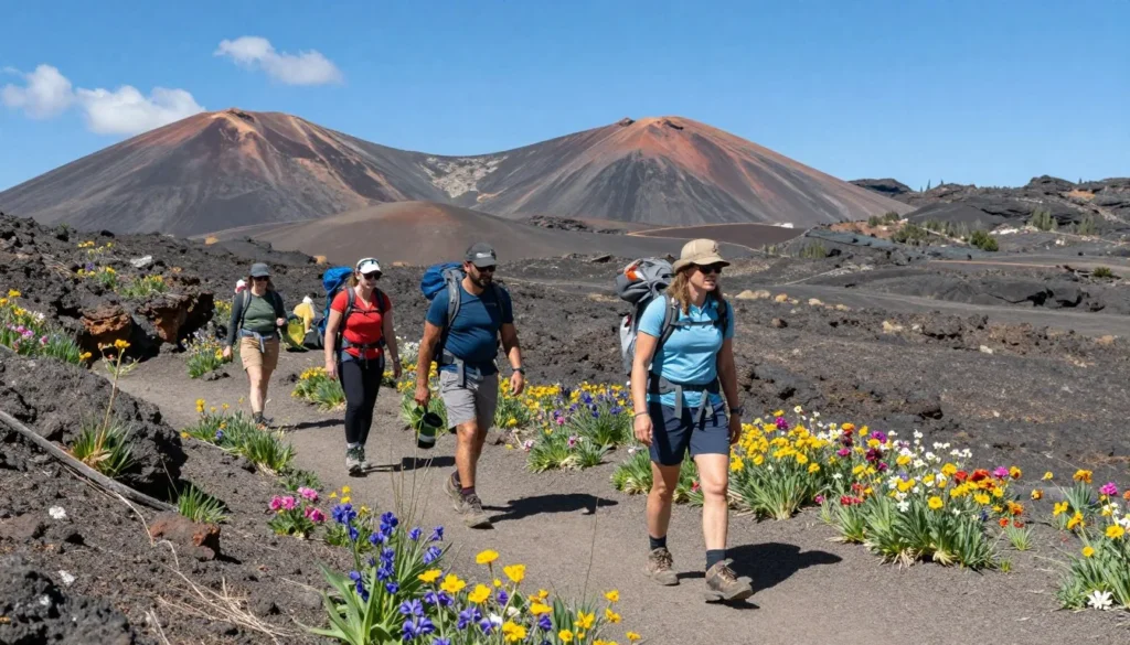 Hikers on trail through La Garita Caldera volcanic landscape with mountain views Hikers on trail through La Garita Caldera volcanic landscape with mountain views