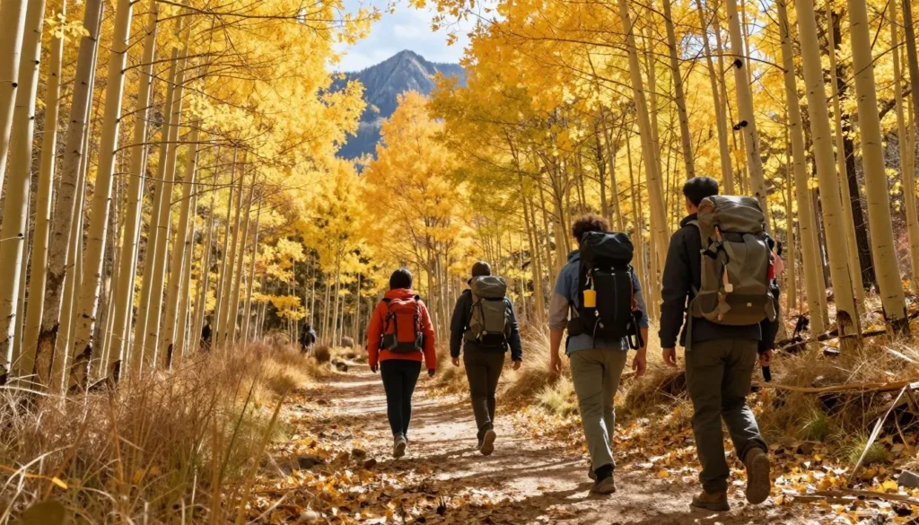 Hikers on trail through aspen forest near Kebler Pass Colorado Hikers on trail through aspen forest near Kebler Pass Colorado