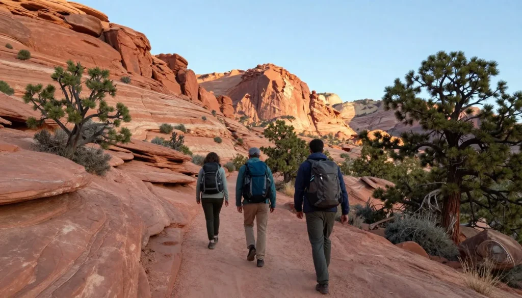 Hikers on trail through red rock canyon with juniper trees