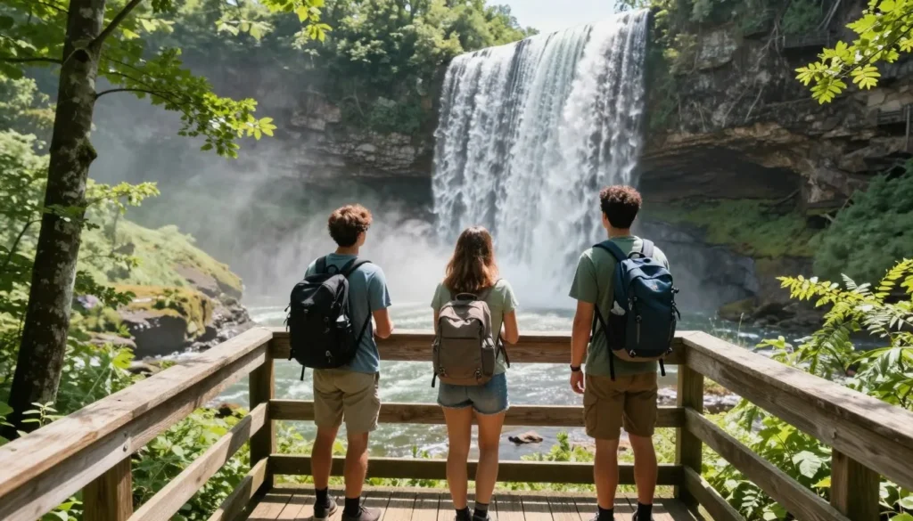 Hikers on trail viewing Burgess Falls Tennessee waterfall through forest