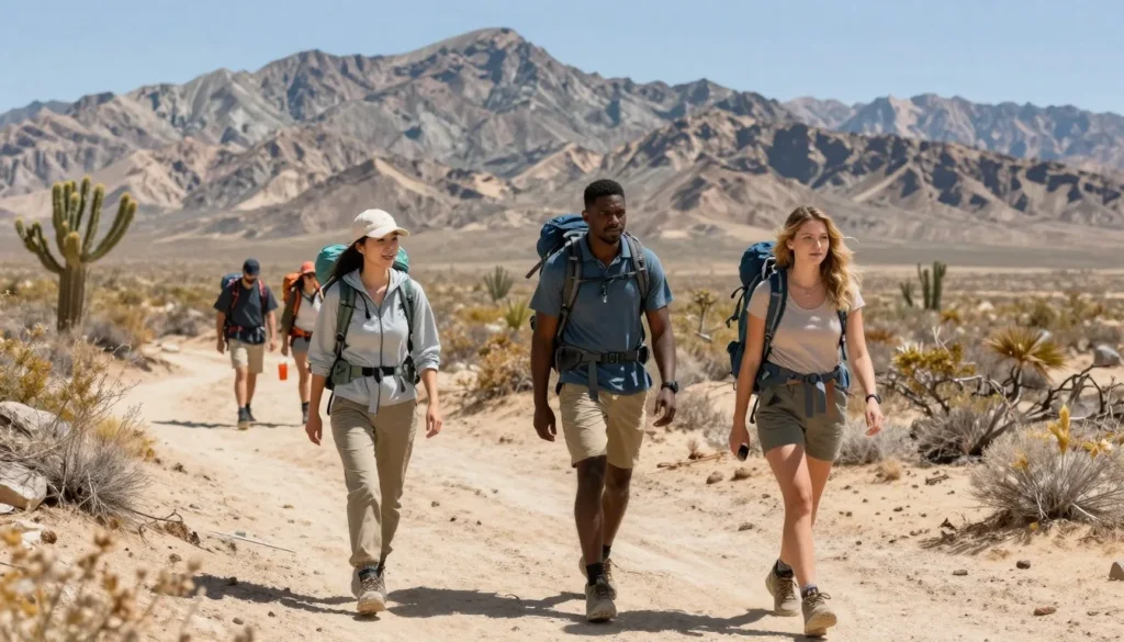 Hikers on trail with Clark Mountain range backdrop