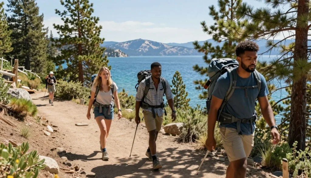 Hikers on trail with Lake Tahoe views through pine forests Hikers on trail with Lake Tahoe views through pine forests