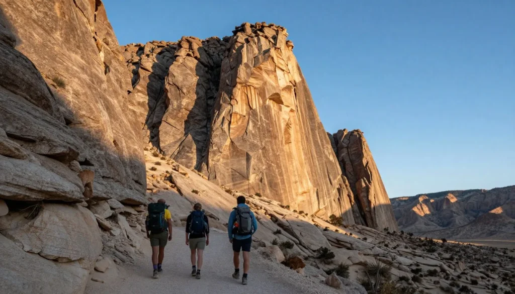 Hikers on trail with dramatic mountain peak rising above them Hikers on trail with dramatic mountain peak rising above them