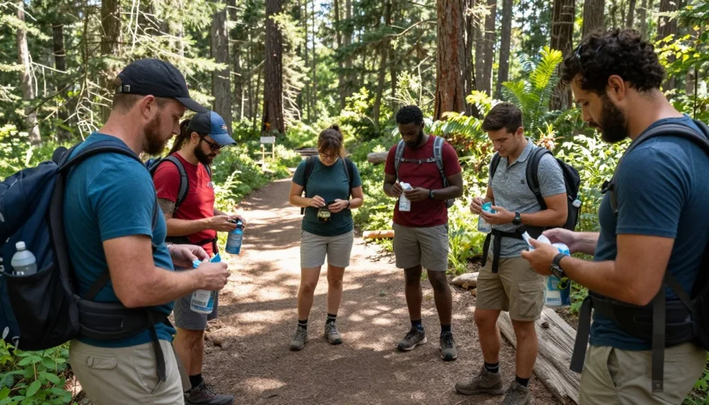 Hikers practicing Leave No Trace principles in forest Hikers practicing Leave No Trace principles in forest