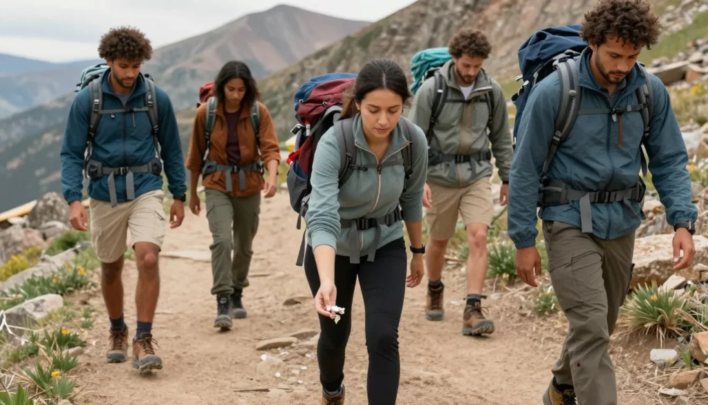 Hikers practicing Leave No Trace principles on mountain trail