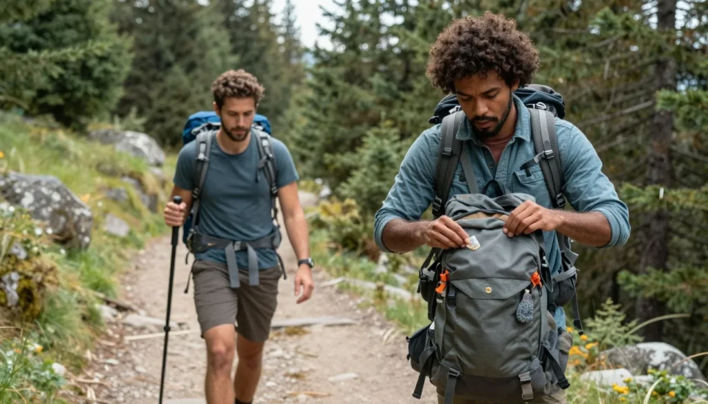 Hikers practicing Leave No Trace principles on mountain trail Hikers practicing Leave No Trace principles on mountain trail
