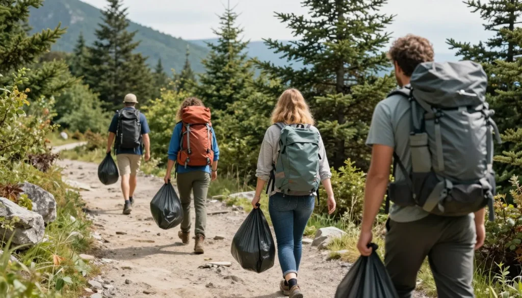 Hikers practicing Leave No Trace principles on mountain trail