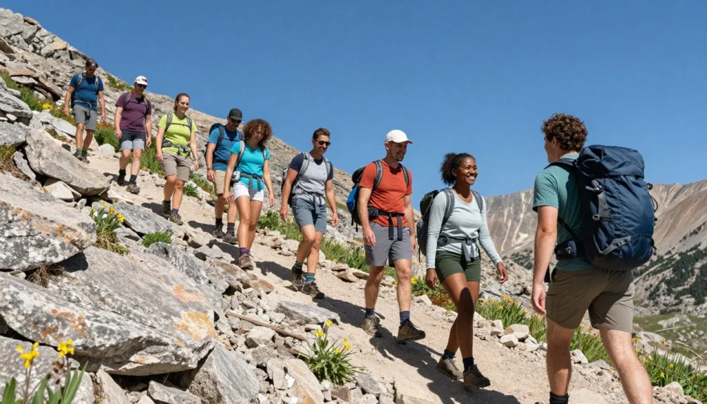 Hikers practicing trail etiquette on Mount Oxford trail with diverse group